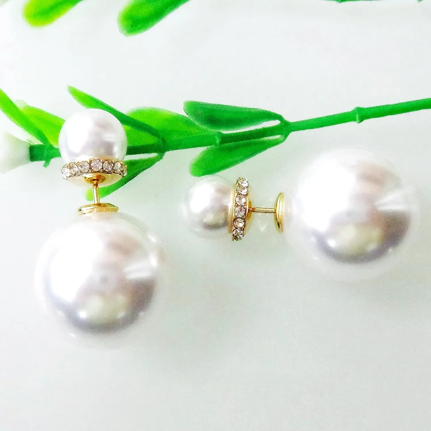Navachi 18k Gold Plated Double Sided Colorful Faux Pearl Beads Womens Fashion Elegant Candy Stud Earrings