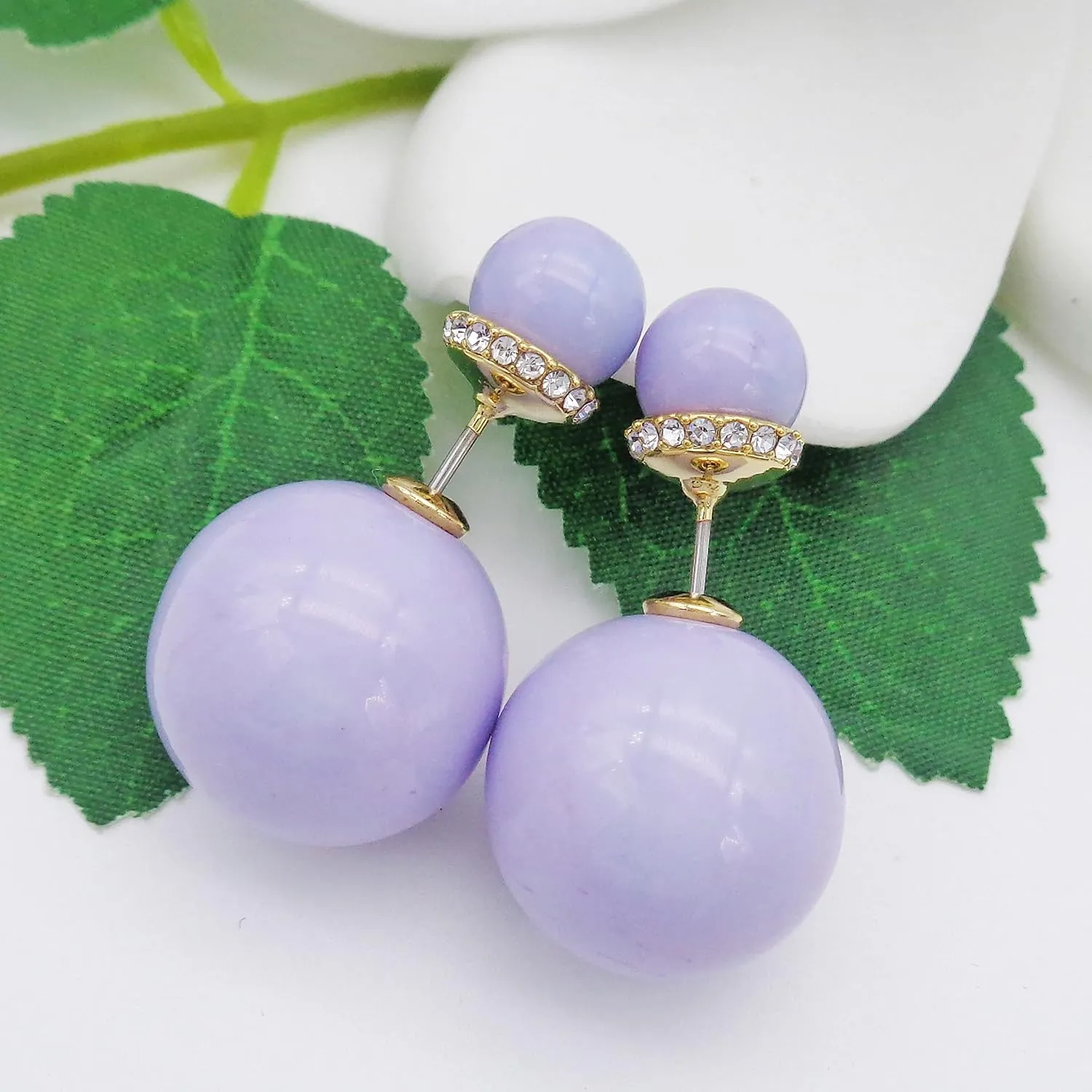 Navachi 18k Gold Plated Double Sided Colorful Faux Pearl Beads Womens Fashion Elegant Candy Stud Earrings