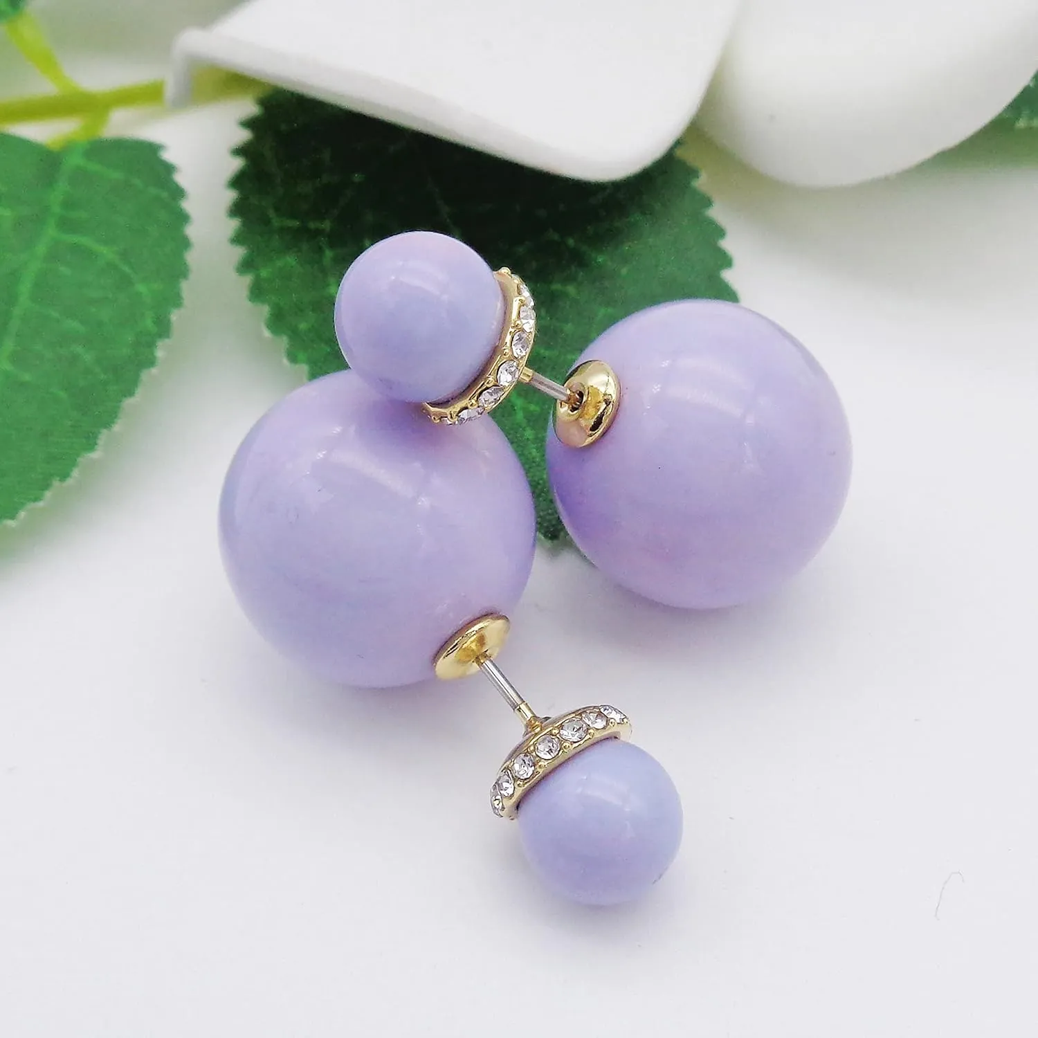 Navachi 18k Gold Plated Double Sided Colorful Faux Pearl Beads Womens Fashion Elegant Candy Stud Earrings