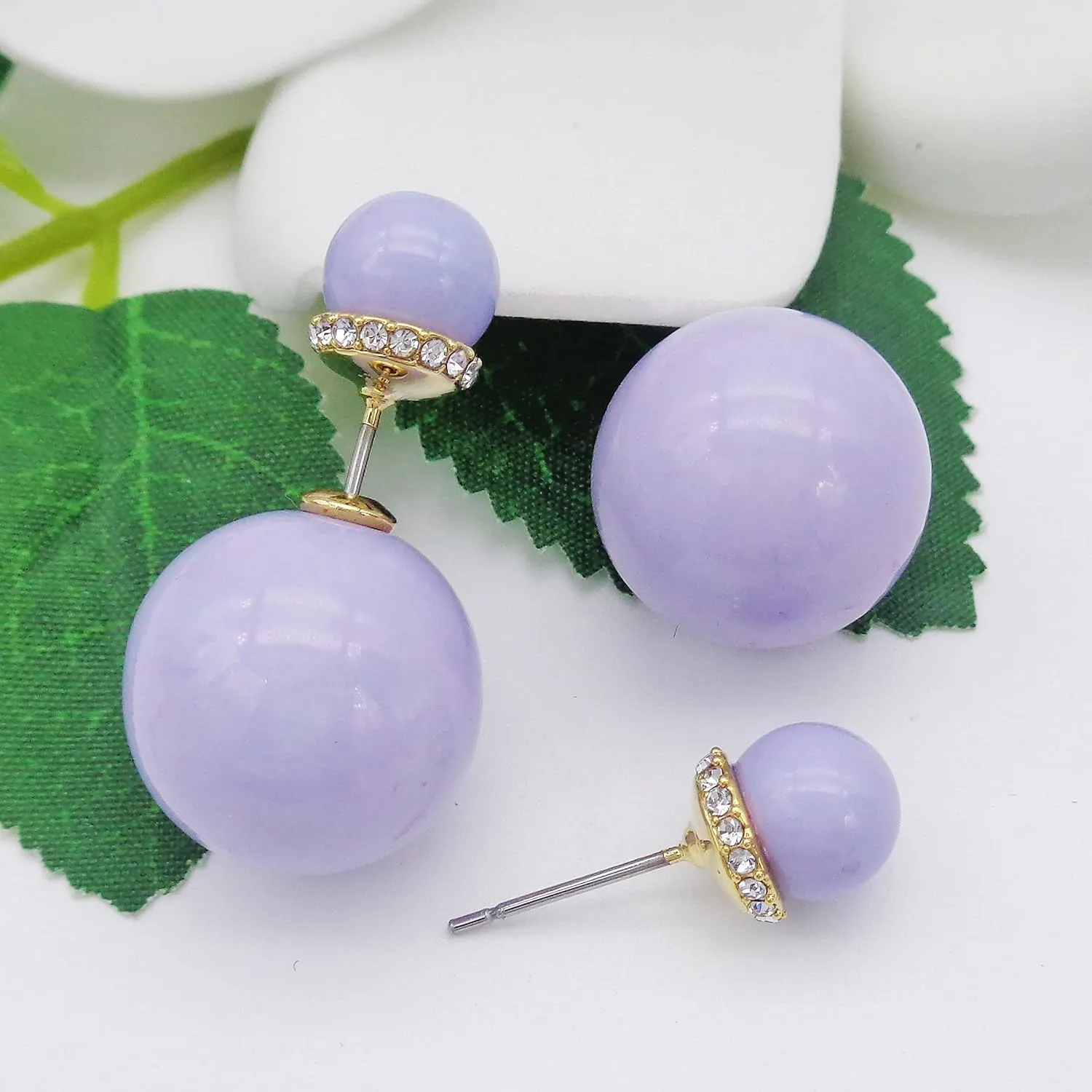 Navachi 18k Gold Plated Double Sided Colorful Faux Pearl Beads Womens Fashion Elegant Candy Stud Earrings