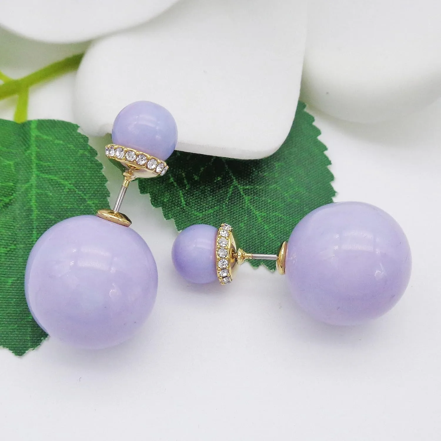 Navachi 18k Gold Plated Double Sided Colorful Faux Pearl Beads Womens Fashion Elegant Candy Stud Earrings