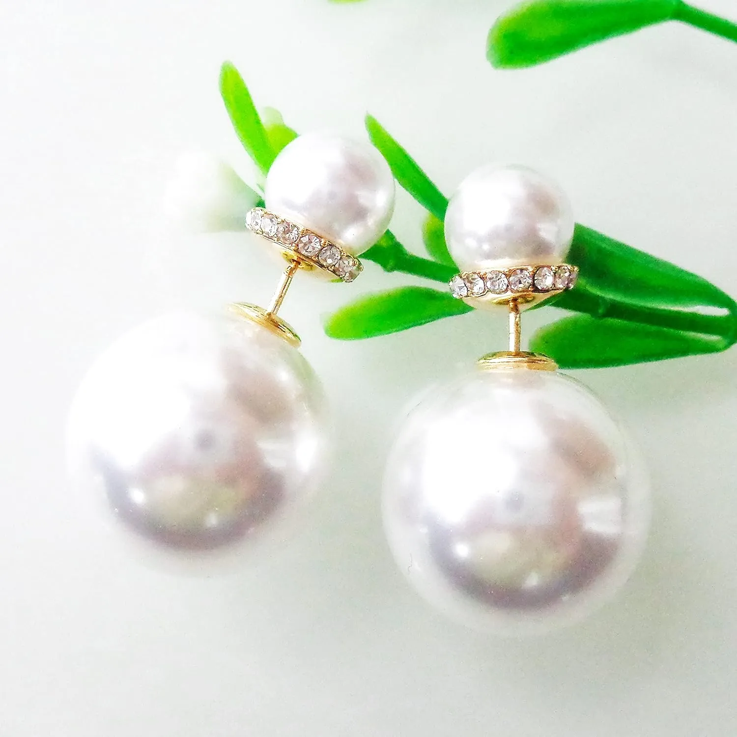 Navachi 18k Gold Plated Double Sided Colorful Faux Pearl Beads Womens Fashion Elegant Candy Stud Earrings