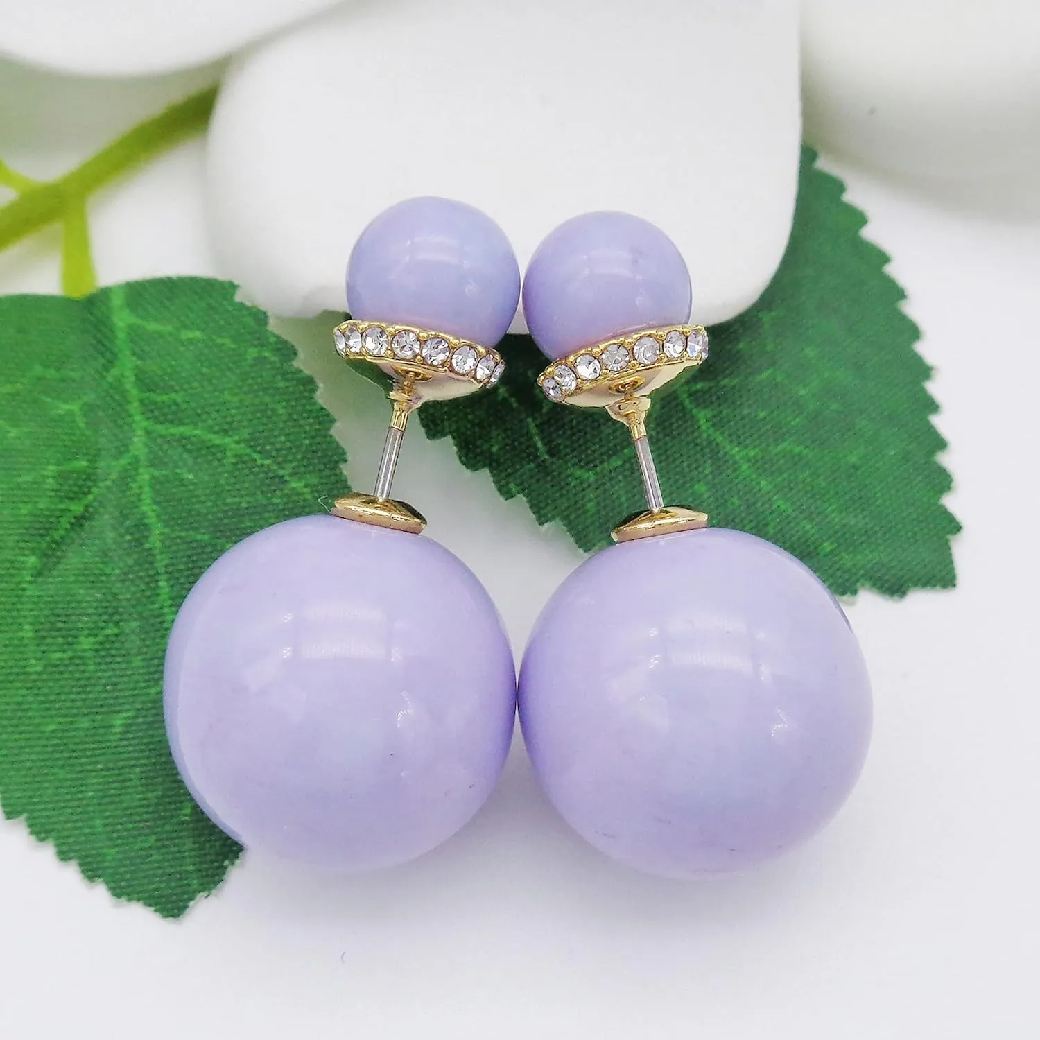 Navachi 18k Gold Plated Double Sided Colorful Faux Pearl Beads Womens Fashion Elegant Candy Stud Earrings