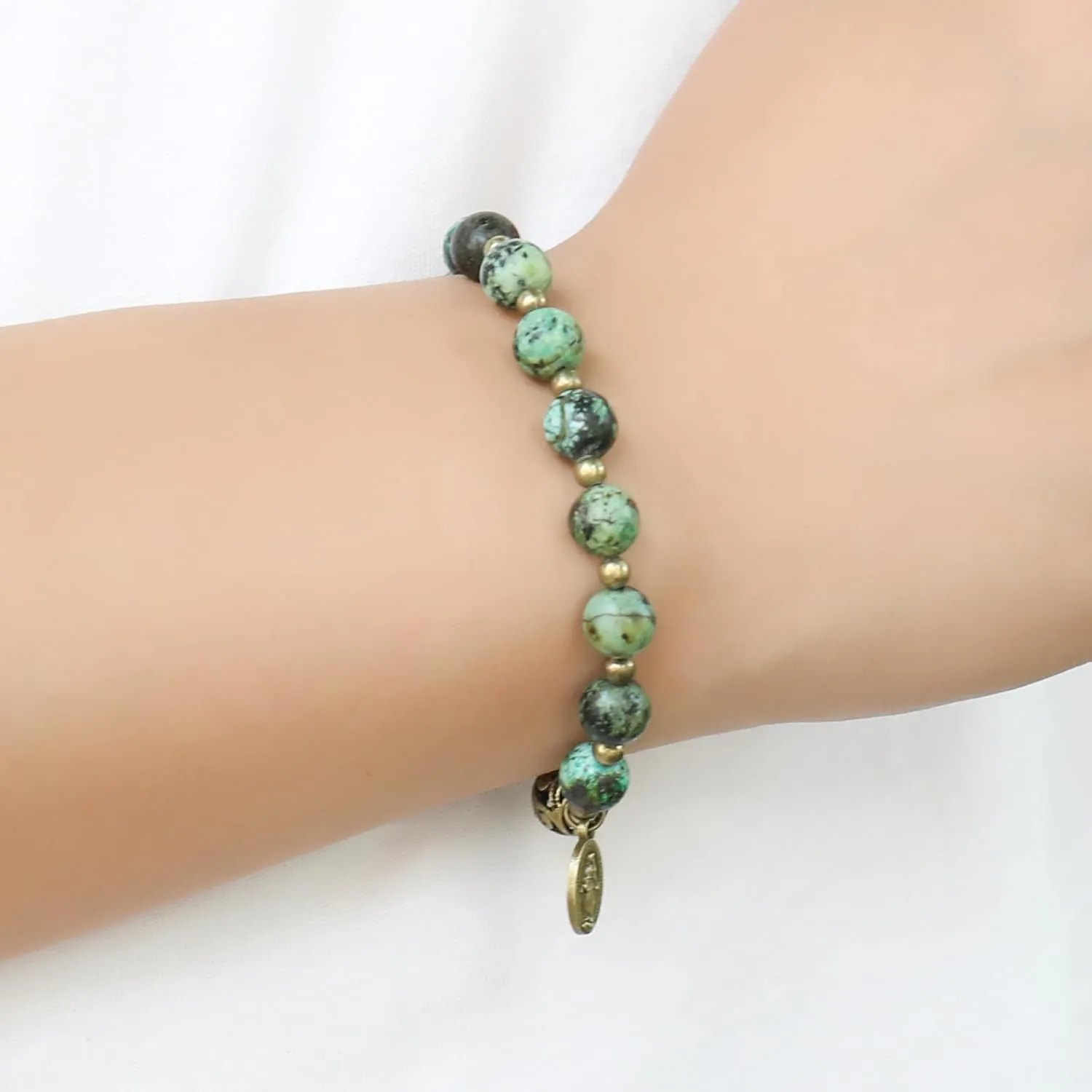 Nazareth Store Stone Beads Rosary Bracelet with Metal Separators and Catholic Medal - Durable and Elegant Wrist Jewelry