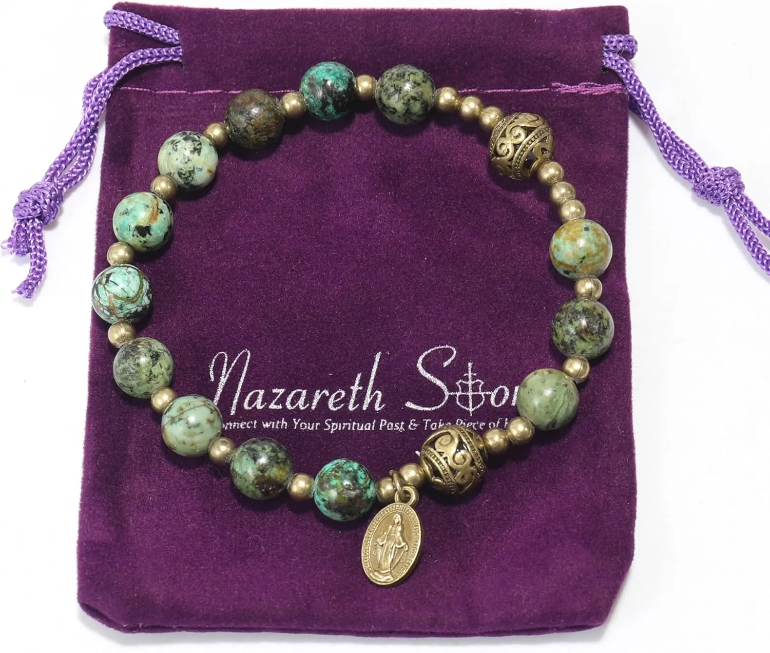 Nazareth Store Stone Beads Rosary Bracelet with Metal Separators and Catholic Medal - Durable and Elegant Wrist Jewelry