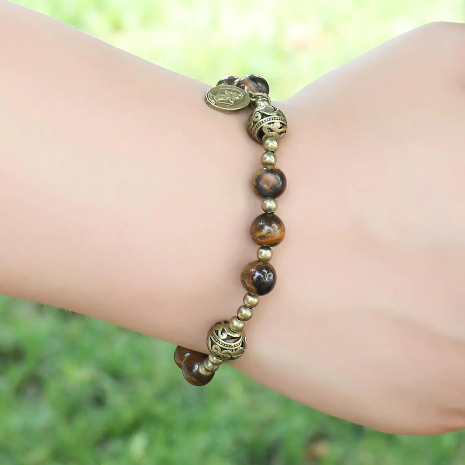 Nazareth Store Stone Beads Rosary Bracelet with Metal Separators and Catholic Medal - Durable and Elegant Wrist Jewelry