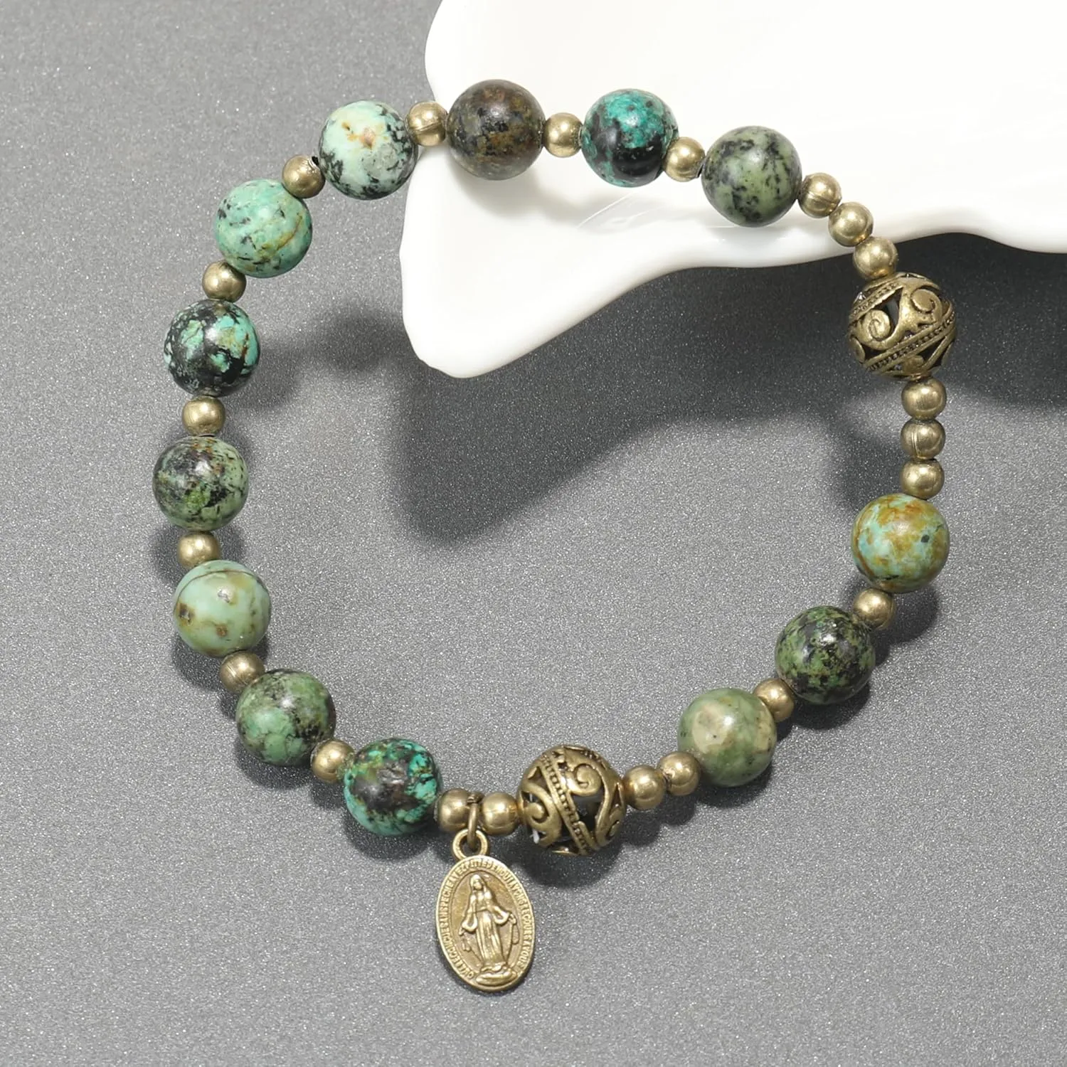 Nazareth Store Stone Beads Rosary Bracelet with Metal Separators and Catholic Medal - Durable and Elegant Wrist Jewelry