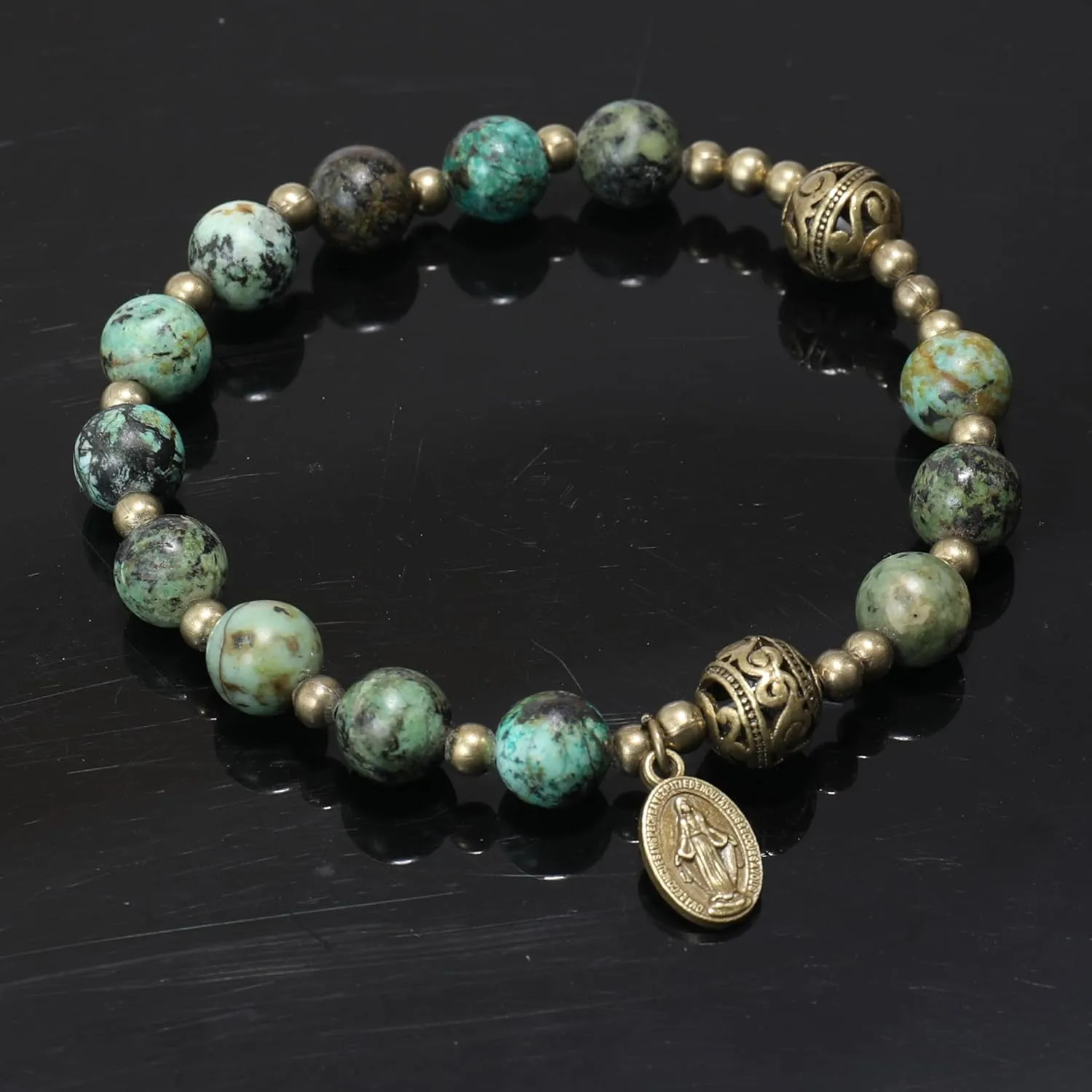 Nazareth Store Stone Beads Rosary Bracelet with Metal Separators and Catholic Medal - Durable and Elegant Wrist Jewelry