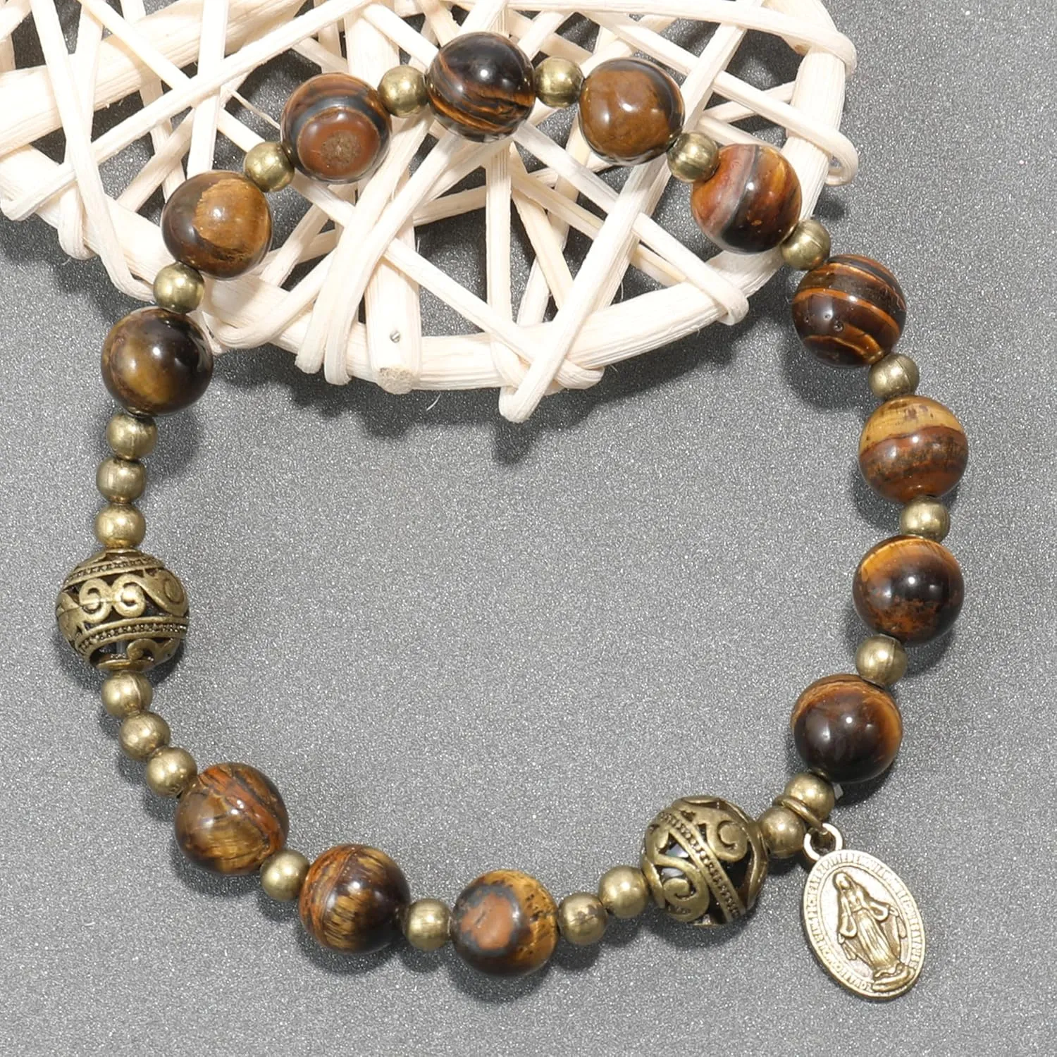 Nazareth Store Stone Beads Rosary Bracelet with Metal Separators and Catholic Medal - Durable and Elegant Wrist Jewelry