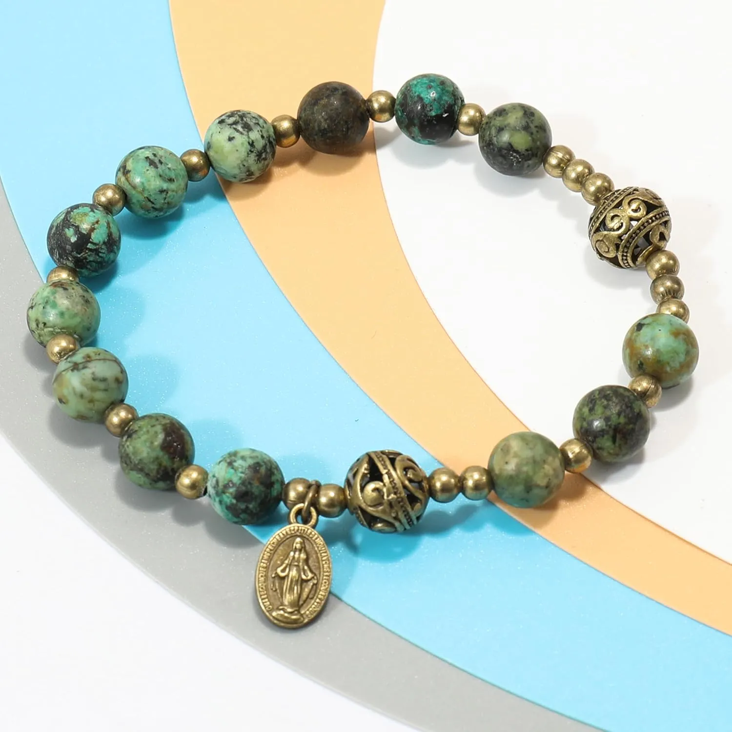 Nazareth Store Stone Beads Rosary Bracelet with Metal Separators and Catholic Medal - Durable and Elegant Wrist Jewelry