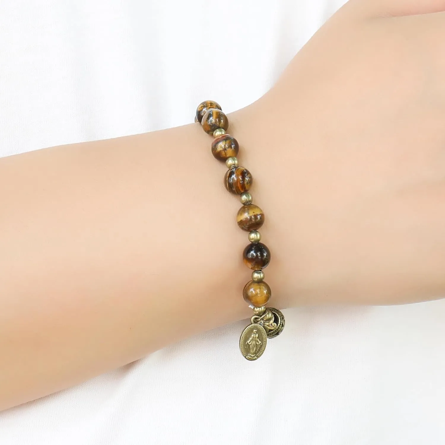 Nazareth Store Stone Beads Rosary Bracelet with Metal Separators and Catholic Medal - Durable and Elegant Wrist Jewelry