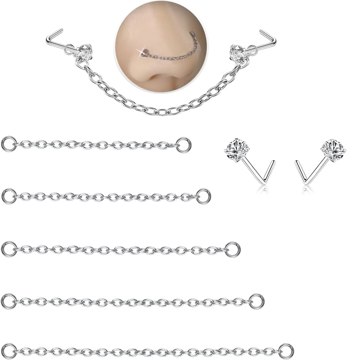 Nose Rings Studs: 8Pcs 20G Gold/Silver 316L Surgical Stainless Steel Nose Studs Hypoallergenic Corkscrew Nose Piercing Stud Jewelry for Women Men Clear Cubic Zirconia Imitation Diamond Top Size 1.5mm 2mm 2.5mm 3mm