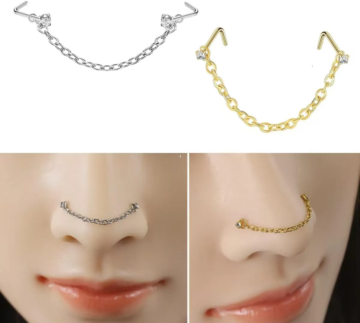 Nose Rings Studs: 8Pcs 20G Gold/Silver 316L Surgical Stainless Steel Nose Studs Hypoallergenic Corkscrew Nose Piercing Stud Jewelry for Women Men Clear Cubic Zirconia Imitation Diamond Top Size 1.5mm 2mm 2.5mm 3mm