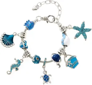 Ocean Charm Beaded Bracelet Small Fish Sea Turtle Octopus Dolphin Shell Starfish Tropical Marine Life Charm for Women Beach Vacation Jewelry Bracelet