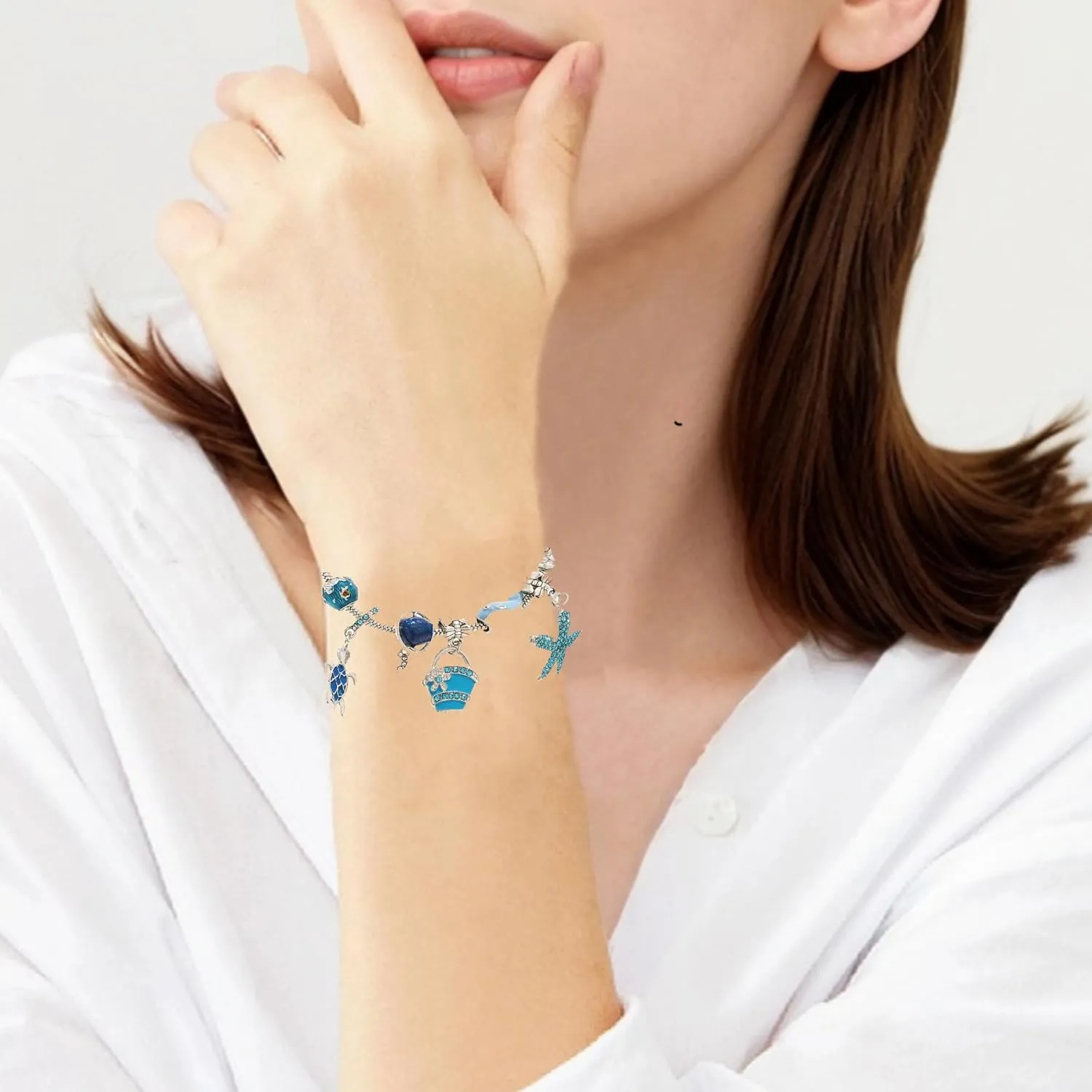 Ocean Charm Beaded Bracelet Small Fish Sea Turtle Octopus Dolphin Shell Starfish Tropical Marine Life Charm for Women Beach Vacation Jewelry Bracelet