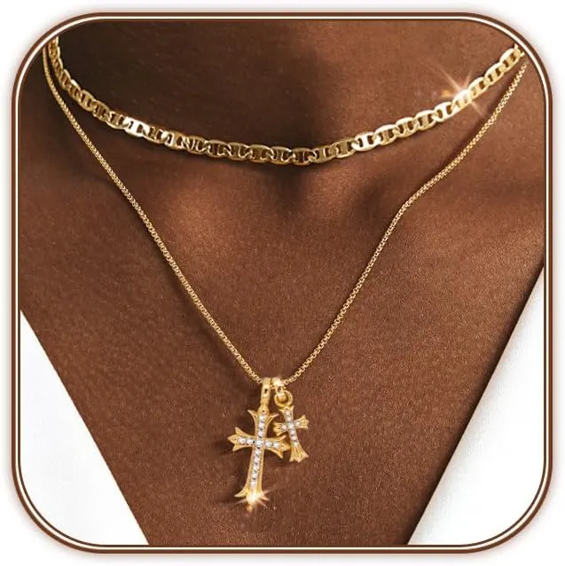 OGD Bubble Cross Necklace for Women 14k Gold Plated Cross Necklace Stackable Dainty Gold Necklace Mariner Chain Necklace CZ Cross Pendant Necklaces Set Simple Jewelry Gift