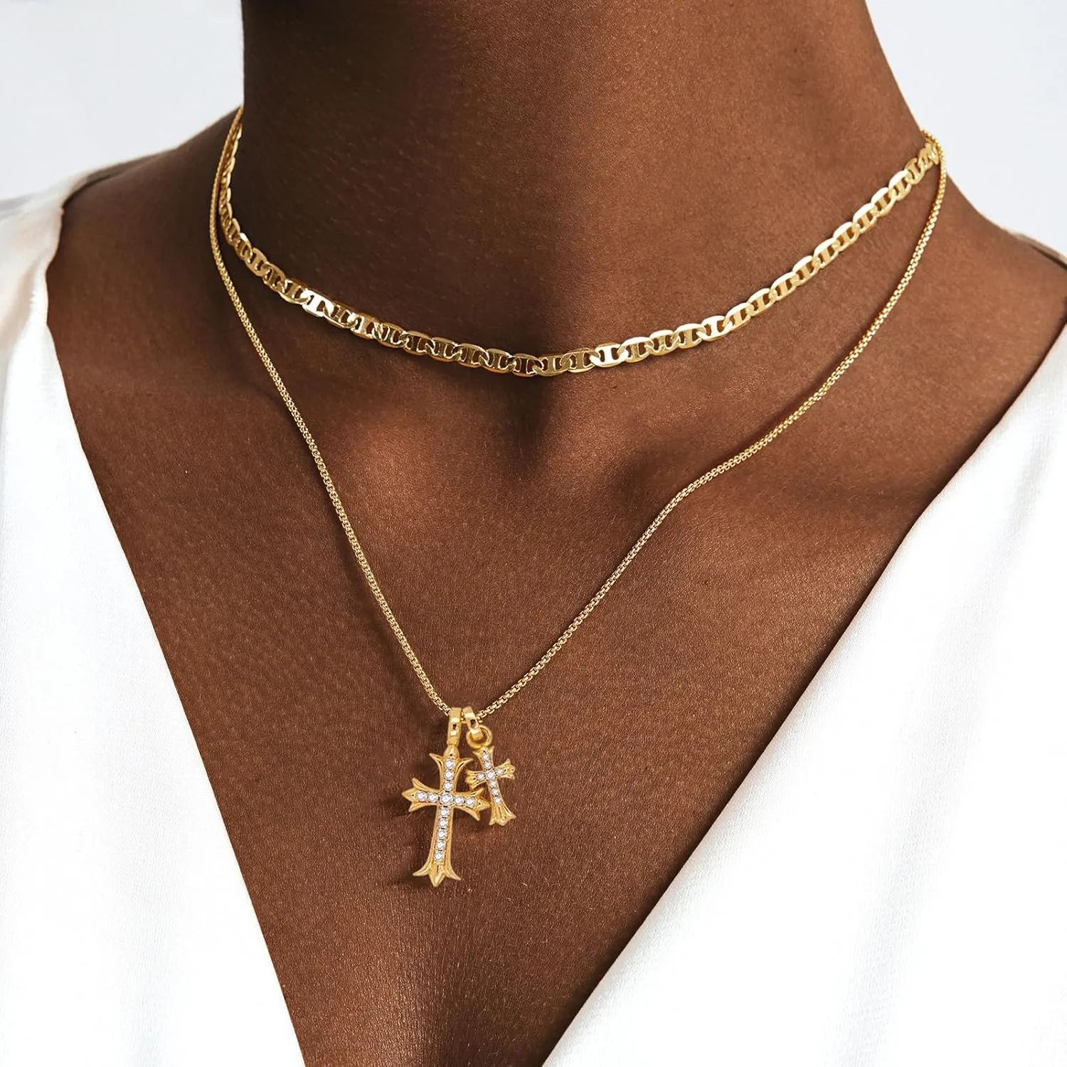 OGD Bubble Cross Necklace for Women 14k Gold Plated Cross Necklace Stackable Dainty Gold Necklace Mariner Chain Necklace CZ Cross Pendant Necklaces Set Simple Jewelry Gift