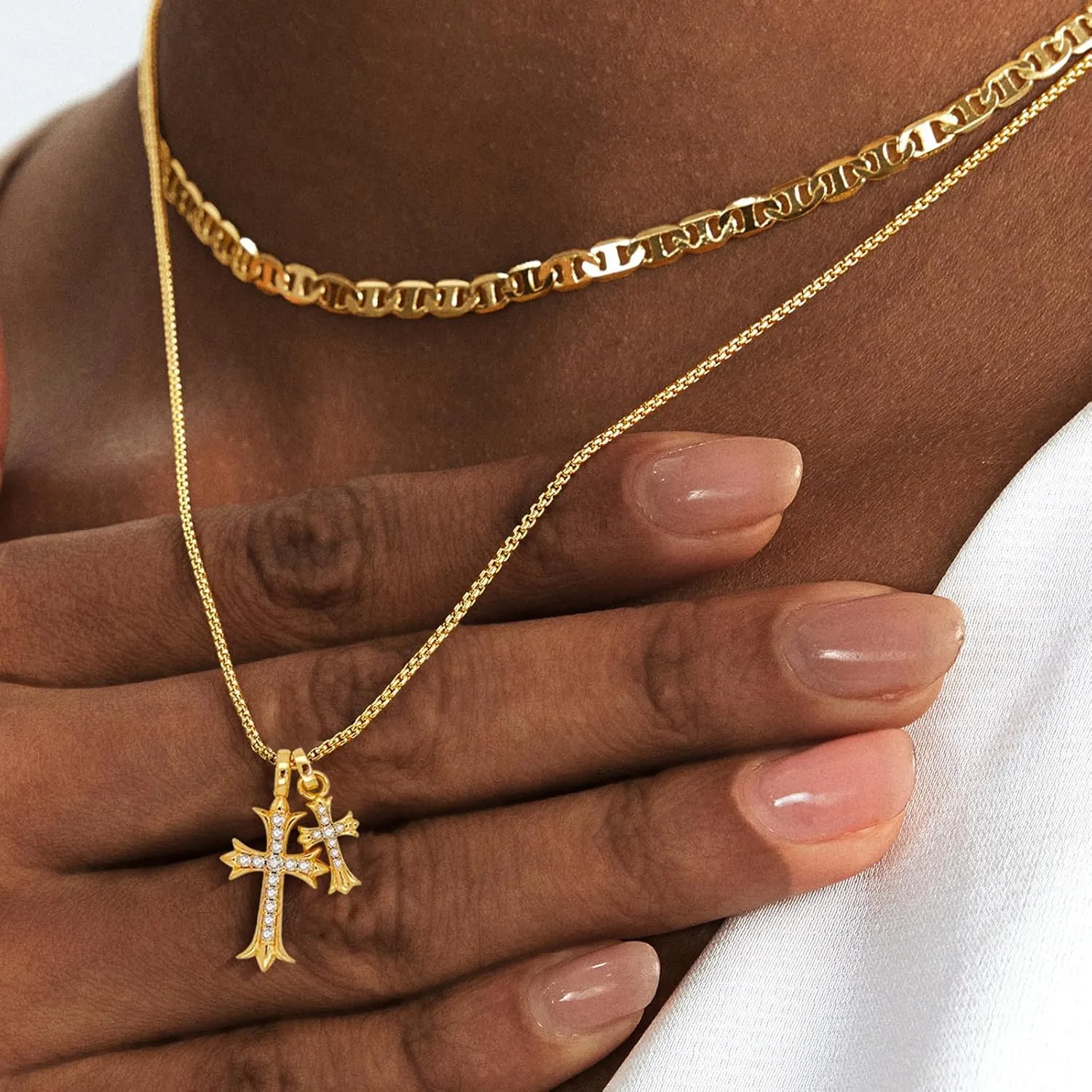 OGD Bubble Cross Necklace for Women 14k Gold Plated Cross Necklace Stackable Dainty Gold Necklace Mariner Chain Necklace CZ Cross Pendant Necklaces Set Simple Jewelry Gift