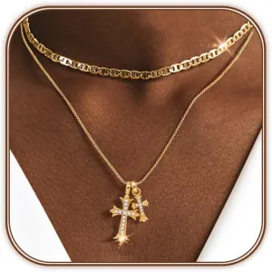 OGD Bubble Cross Necklace for Women 14k Gold Plated Cross Necklace Stackable Dainty Gold Necklace Mariner Chain Necklace CZ Cross Pendant Necklaces Set Simple Jewelry Gift