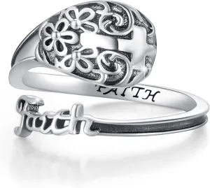 OHAYOO Spoon Rings for Women Sterling Silver Faith Ring Vintage Cross Thumb Rings Spoon Ring Cross Jewelry Christian Rings for Women Gifts