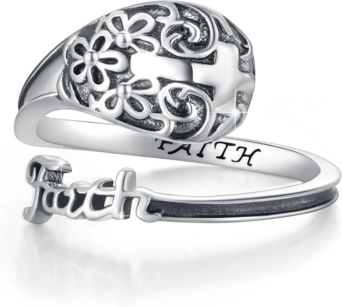 OHAYOO Spoon Rings for Women Sterling Silver Faith Ring Vintage Cross Thumb Rings Spoon Ring Cross Jewelry Christian Rings for Women Gifts