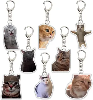 Ohjijinn 8Pcs Cat Keychain Cute Cat Meme Keychains Two Cats Talking Keyring Kawaii Charm Funny Keychain