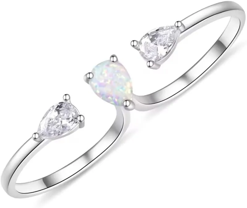 Opal Rings for Women 925 Sterling Silver Open Adjustable Ring October Birthstone Double Finger Rings Fine Jewelry