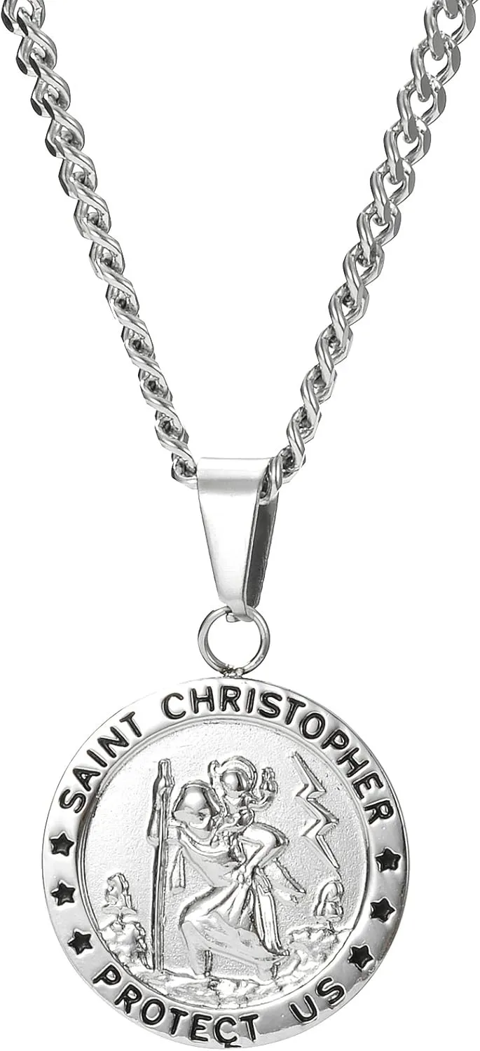 ORAZIO Saint Christopher Necklace 3.5mm Stainless Steel Penant Necklace Curb Link Chain 22-24 Inches