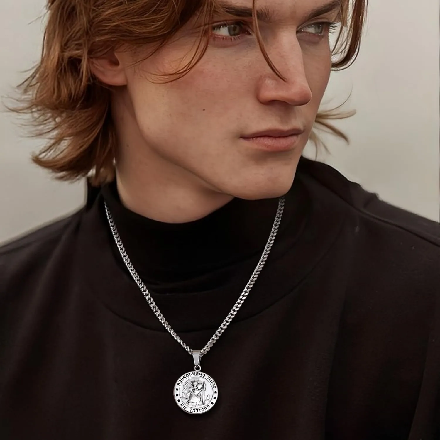ORAZIO Saint Christopher Necklace 3.5mm Stainless Steel Penant Necklace Curb Link Chain 22-24 Inches