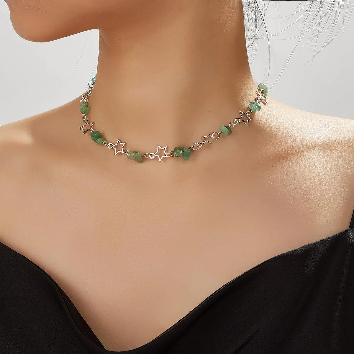 Otxas Y2k Necklace Star Choker Necklace for Women Black Green Natural Stone Y2k Accessories Star Necklace Summer Beach Jewelry for Women