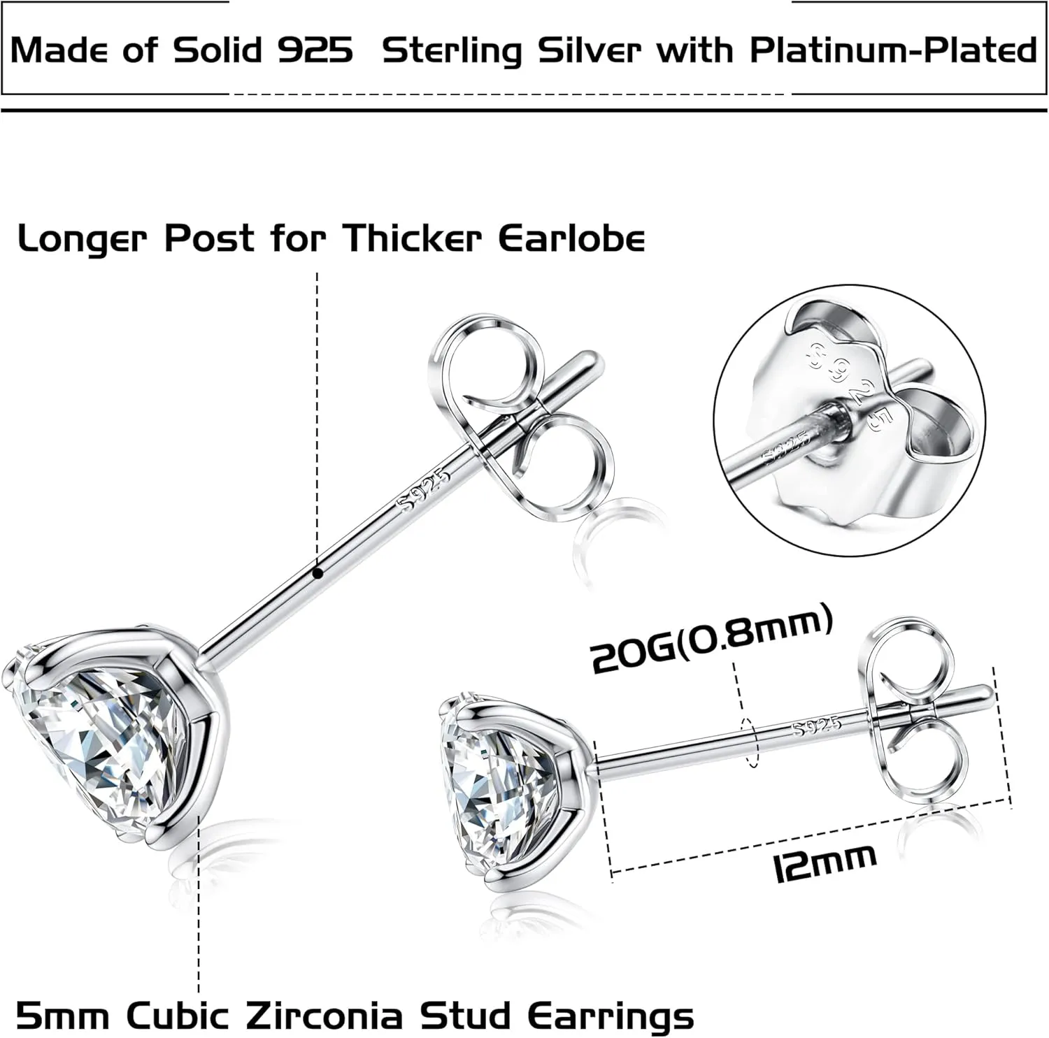 PATISORNA 925 Sterling Silver 5mm Long Post Cubic Zirconia Stud Earrings for Women Men, CZ Studs Earrings Hypoallergenic