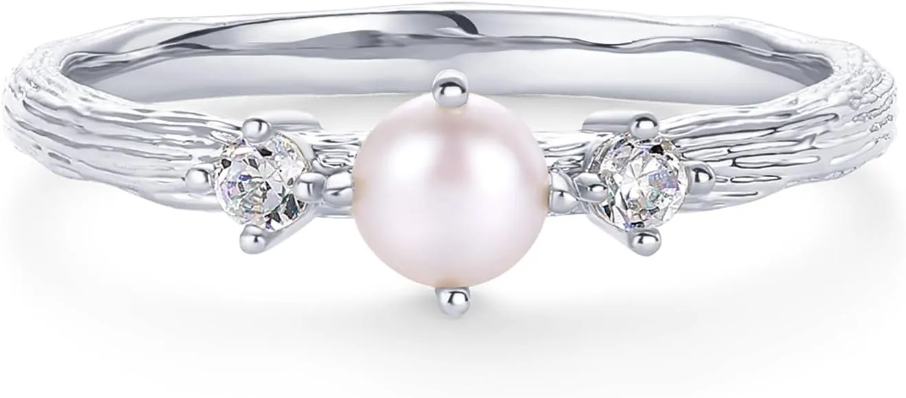 PAVOI 14K Gold Plated Pearl Hammered Ring for Women | Dainty Elegant Stackable Cubic Zirconia Thin Band for Women
