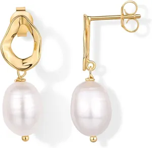 PAVOI 14K Gold Plated Sterling Silver Statement Pearl Drop Earrings for Women | Lightweight Pearl Dangle Studs Earrings