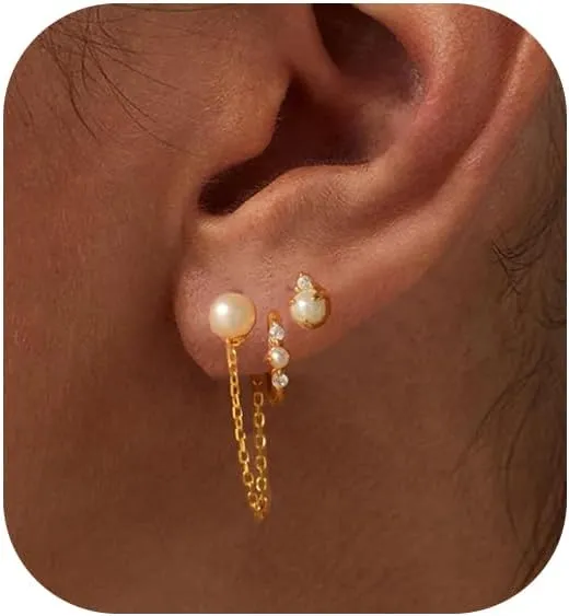 Pearl Earrings for Women Trendy Dainty Gold Pearl Hoop Earrings 14k Gold Plated Pearl Stud Earrings Cute Stack Gold Earring Sets Multiple Piercing Minimalist Dangle Earrings Pearl Jewelry