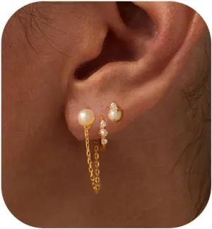 Pearl Earrings for Women Trendy Dainty Gold Pearl Hoop Earrings 14k Gold Plated Pearl Stud Earrings Cute Stack Gold Earring Sets Multiple Piercing Minimalist Dangle Earrings Pearl Jewelry