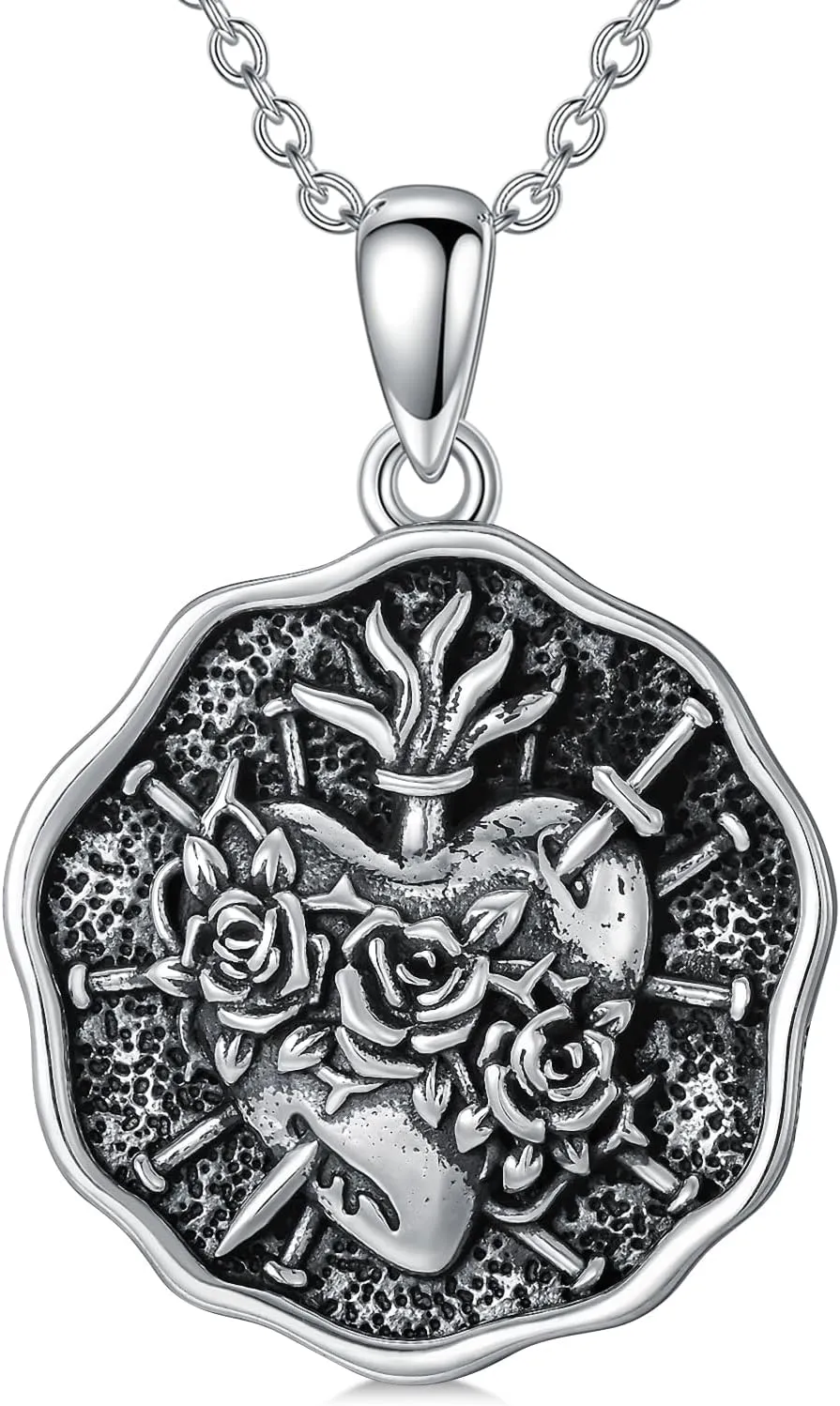 PELOVNY Sacred Heart Necklace S925 Sterling Silver Sacred Heart of Jesus Pendant Necklace Religious Jewelry Gifts for Women Men