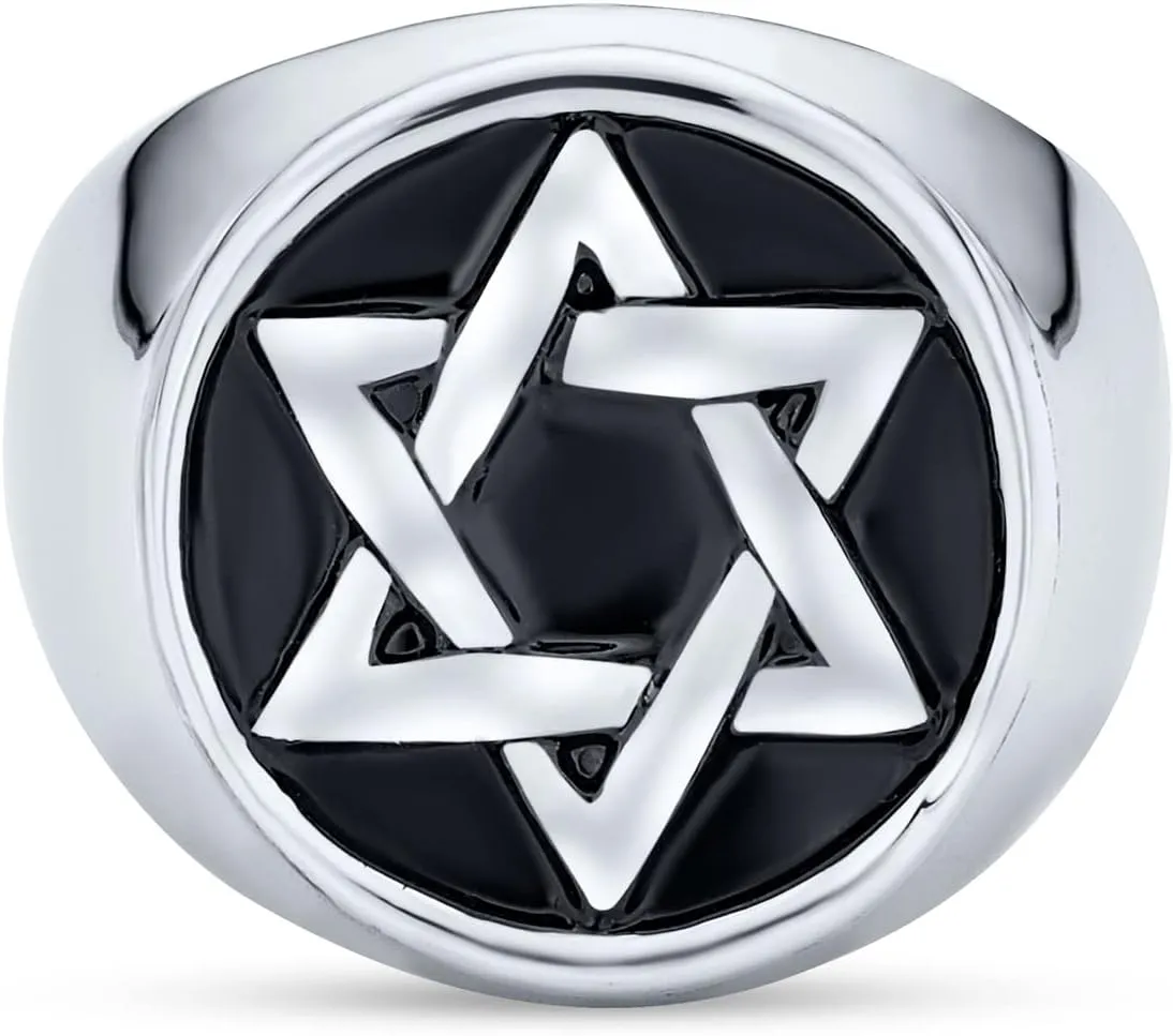 Personalize Large Statement Religious Magen Judaic Hanukkah Star Of David For Men Signet Band Ring and Pendant For Men Enamel Silver Tone Stainless Steel