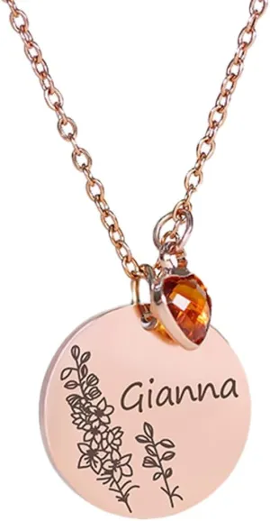 Personalized Birthstone Necklace with Birthday Flower and Custom Name - Unique Gift Idea