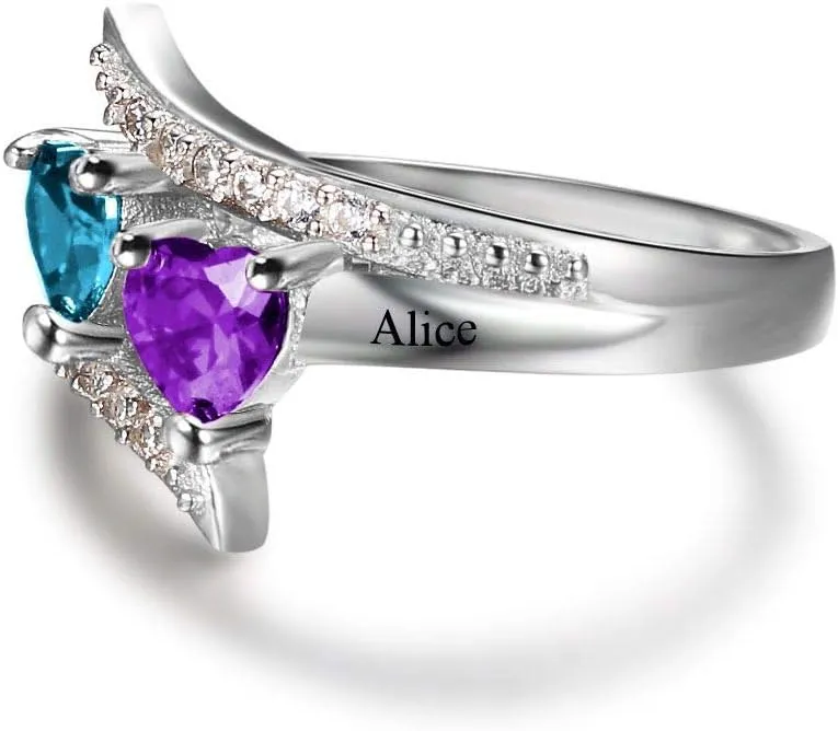 Personalized Birthstone ring customized engraved fine jewelry for women Sterling Silver mothers ring with 2 birthstones family jewelry for her