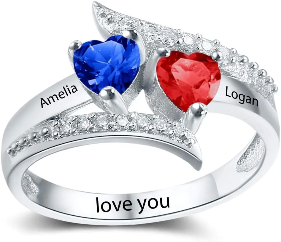 Personalized Birthstone ring customized engraved fine jewelry for women Sterling Silver mothers ring with 2 birthstones family jewelry for her