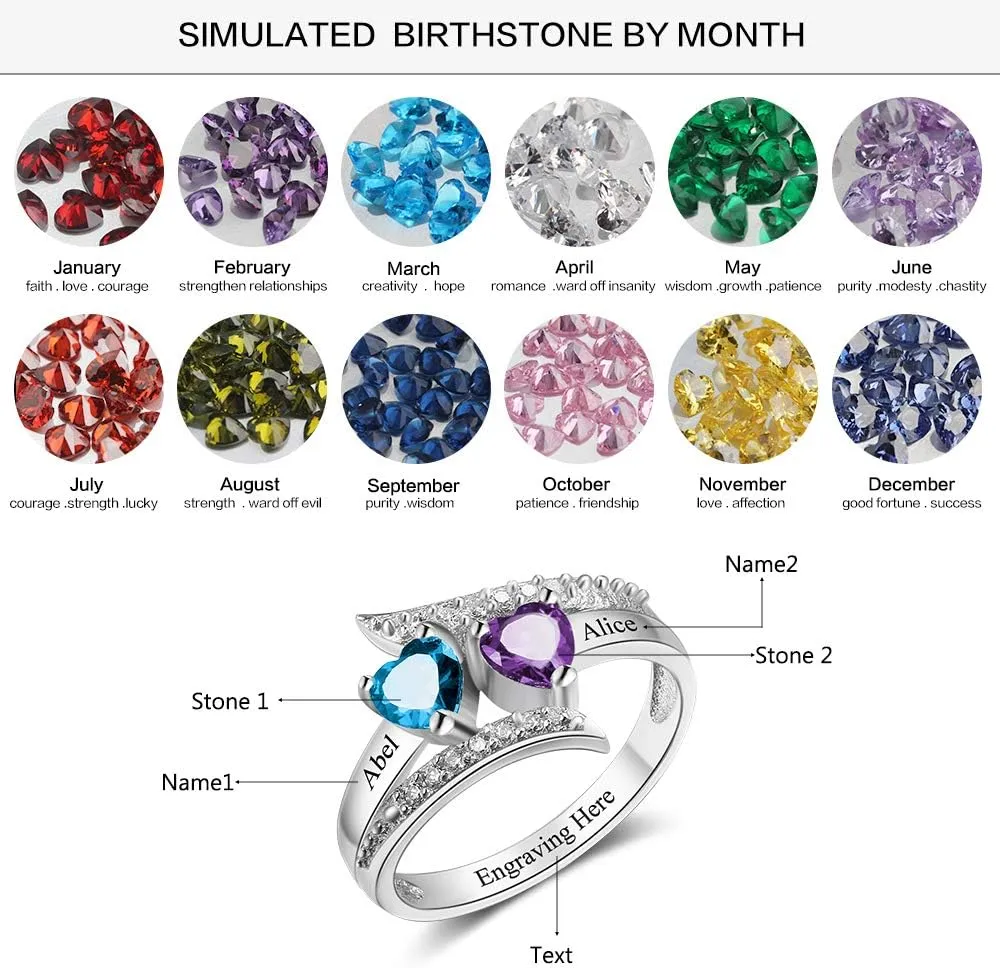 Personalized Birthstone ring customized engraved fine jewelry for women Sterling Silver mothers ring with 2 birthstones family jewelry for her
