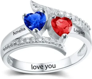 Personalized Birthstone ring customized engraved fine jewelry for women Sterling Silver mothers ring with 2 birthstones family jewelry for her