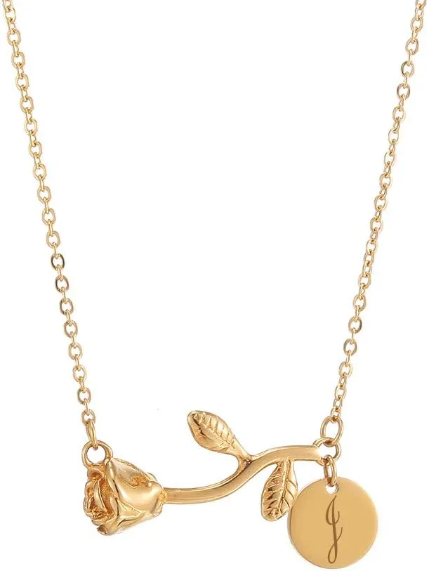 Personalized Custom Rose Flower Letter Initial Necklace for Women Any Name Bar Pendant Necklaces Jewelry Chain