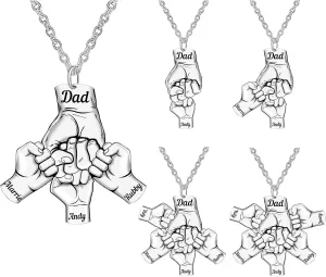 Personalized Dad Necklace Custom Engraved Name Necklace for Men Hand Fist Necklace for Papa Stainless Steel Necklace Customized Family Necklace with Names for Grandfather Birthday Gift for Daddy