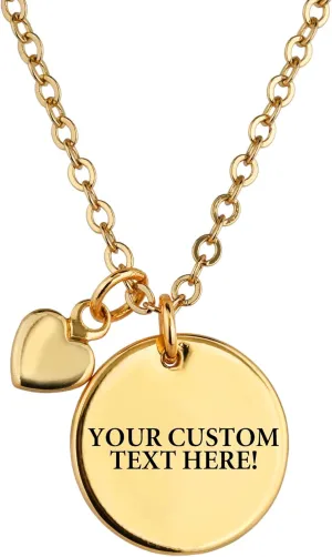Personalized Disc Necklace, Custom Text Engraved Jewelry Gift for Women, Customized Name Coin Pendant with Heart Charm, Personalized Gifts for Mom, Bridesmaid, Christmas, Birthday