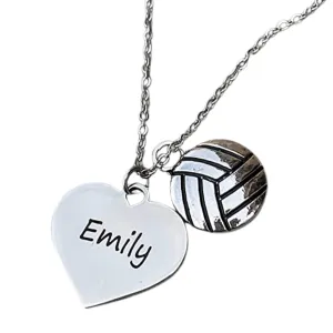 Personalized Engraved Volleyball Heart Charm Necklace, Custom Girls Volleyball Jewelry, Volleyball Gifts for Volleyball Players