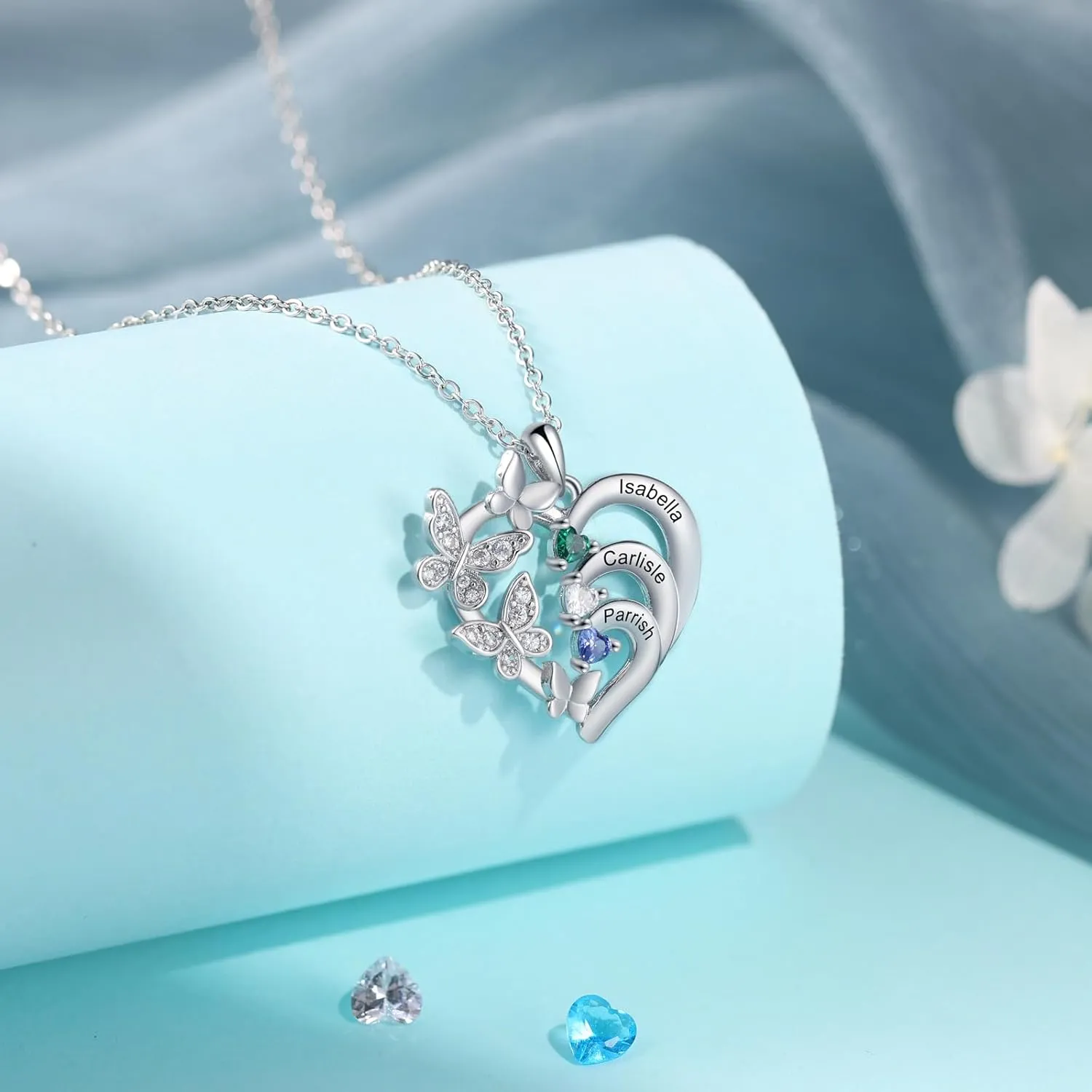 Personalized Heart Necklaces for Women with 2-5 Birthstones Custom Mother Name Pendant Necklace Mothers Day Christmas Birthday Gifts for Mom Grandma Mama
