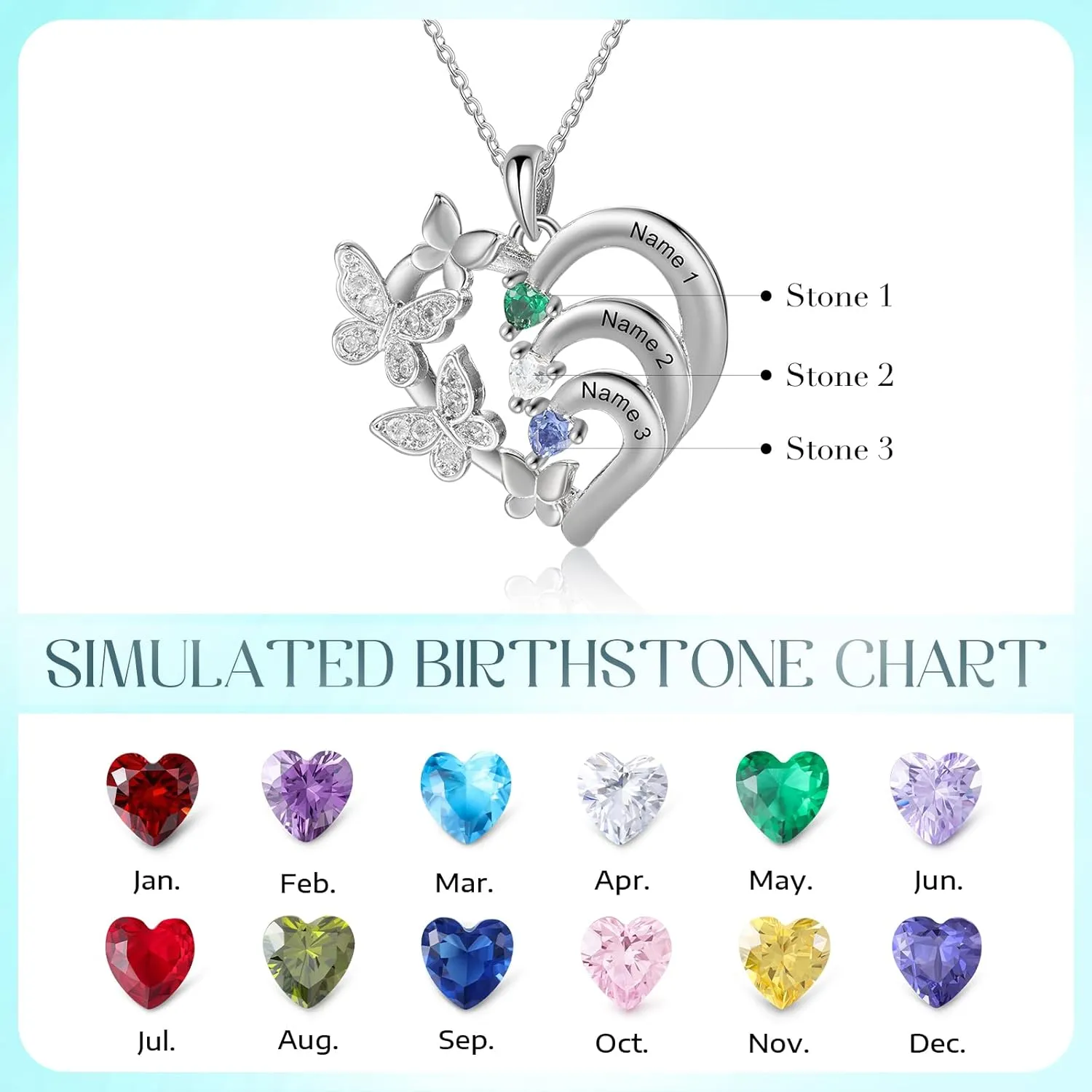 Personalized Heart Necklaces for Women with 2-5 Birthstones Custom Mother Name Pendant Necklace Mothers Day Christmas Birthday Gifts for Mom Grandma Mama