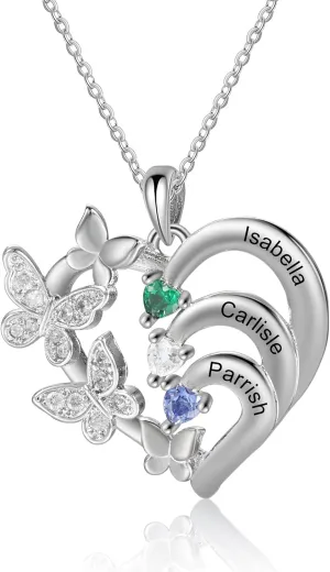 Personalized Heart Necklaces for Women with 2-5 Birthstones Custom Mother Name Pendant Necklace Mothers Day Christmas Birthday Gifts for Mom Grandma Mama