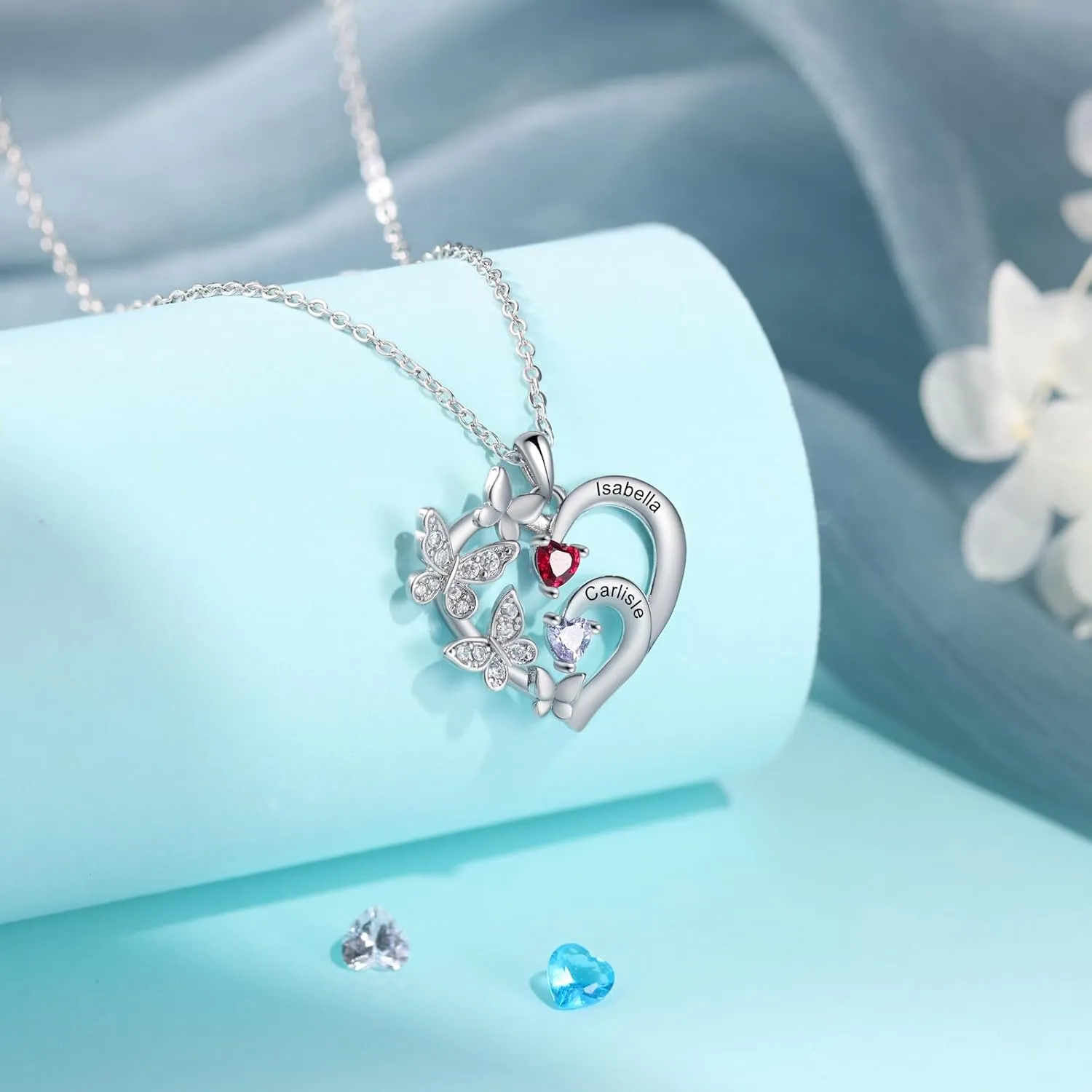 Personalized Heart Necklaces for Women with 2-5 Birthstones Custom Mother Name Pendant Necklace Mothers Day Christmas Birthday Gifts for Mom Grandma Mama